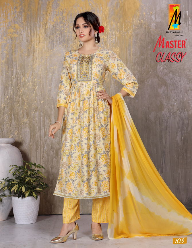 Classy By Master Naira Cut Rayon Printed Kurti With Bottom Dupatta Wholesale Price In Surat